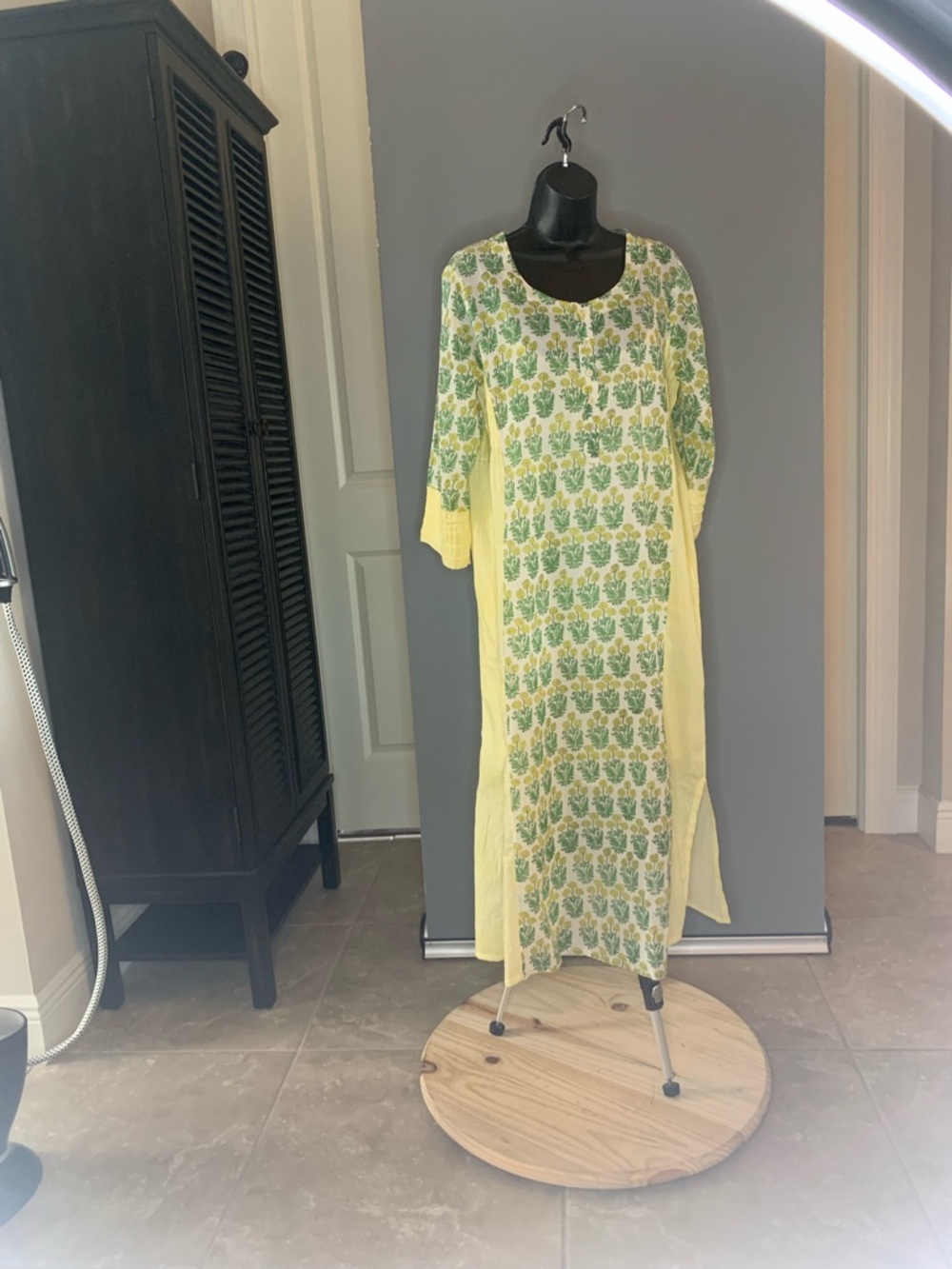 Yellow Floral Maxi Dress with Green Print
